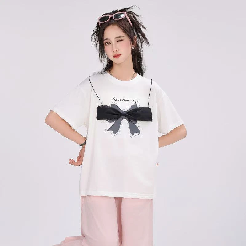 205～252TS13青少年女童夏季吊绳蝴蝶白短袖