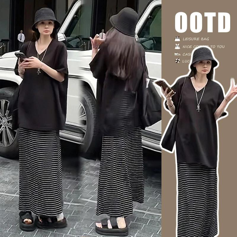 孕妇2025夏季新潮韩版时尚百搭宽松条纹T恤与开叉半身裙孕妇套装