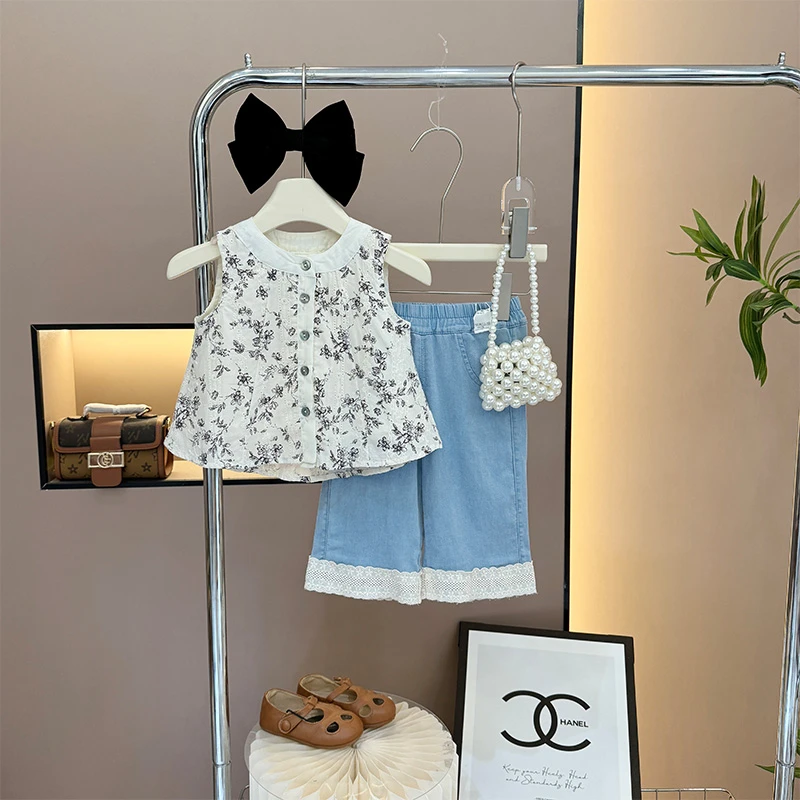女童夏装韩系套装2025新款儿童夏季宝宝碎花上衣薄款牛仔裤两件套