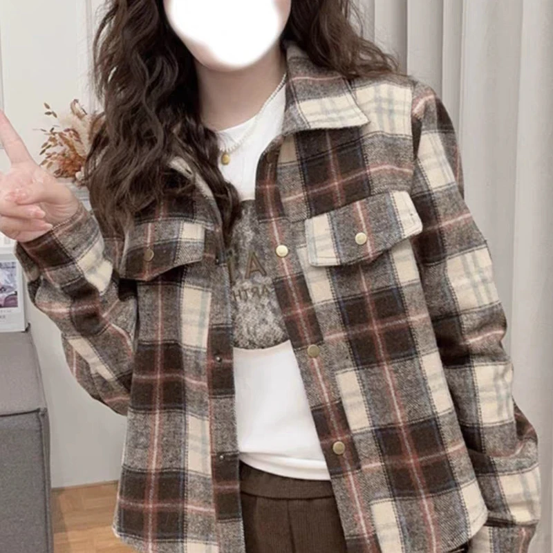 【赠运险】小个子短款撞色翻领格子长袖衬衫女秋冬休闲百搭开衫外套