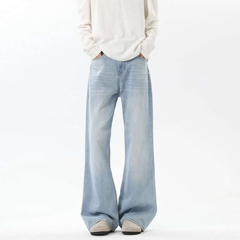 DeweLvum美式复古时尚水洗牛仔裤男新款潮牌宽松直筒百搭微喇长裤