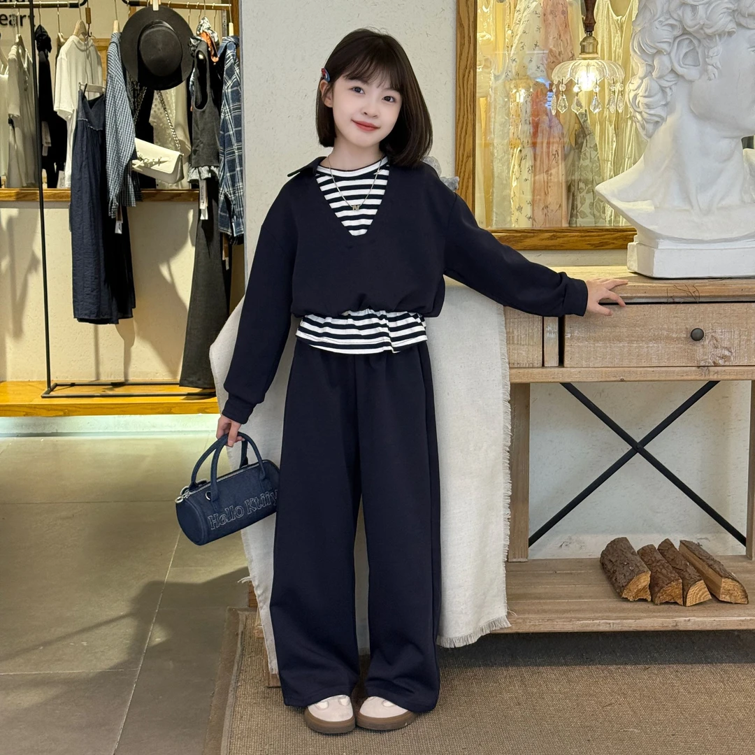 女童休闲运动拼接卫衣条纹假两件套装2025新款一整套阔腿裤韩版