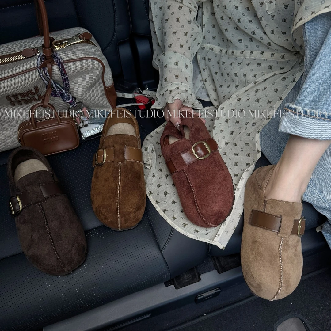 超火加绒厚底勃肯鞋女2025秋冬新款两穿毛毛百搭内增高休闲乐福鞋