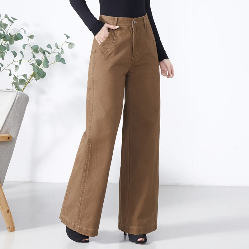 秋冬加绒2025牛仔裤女高腰阔腿裤宽松直筒长裤休闲时尚裤子卡其色