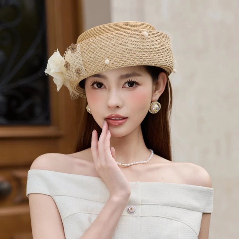 法式优雅网纱花朵拉菲草贝雷帽女夏季出游度假防晒草帽赫本风盆帽