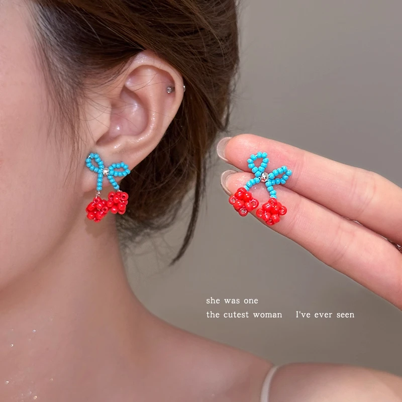 合金耳饰 夏日多巴胺串珠撞色樱桃耳钉女2025新款爆款高级感耳环