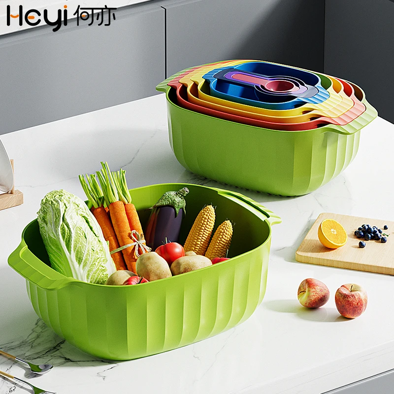 【9件套】洗菜盆沥水篮家用厨房双层洗菜篮子滤水淘菜盆食物收纳盒