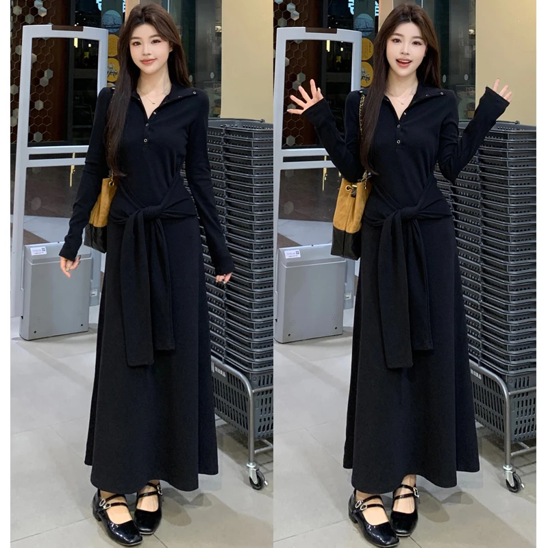 大码胖mm秋冬新款设计感纽扣连衣裙修身显瘦绑带遮肉女装长裙女
