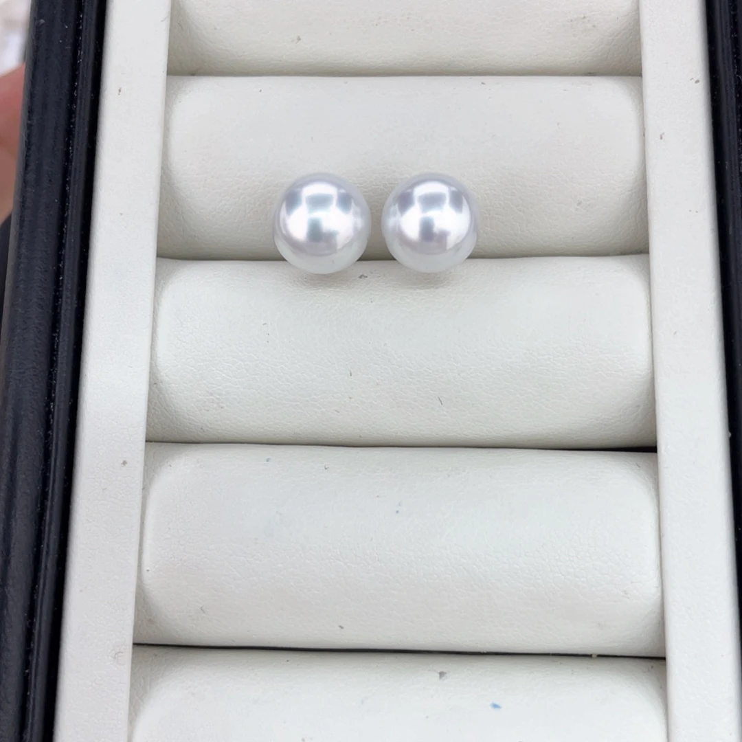 定制海水珍珠耳饰18K金镶嵌澳白对珠10-11文