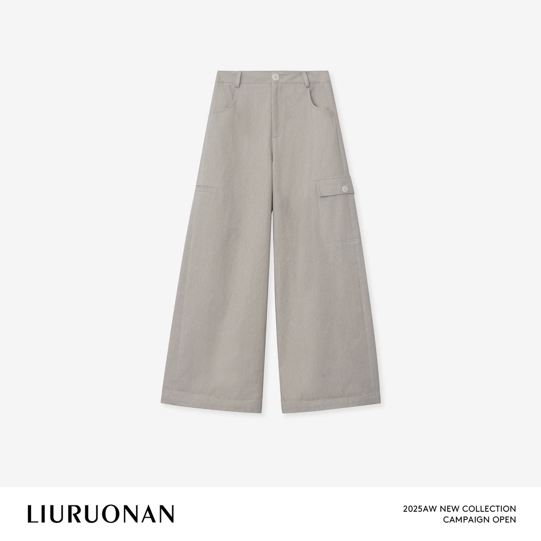 LIURUONAN 25FL【沙漠邮局】浅卡其工装口袋阔腿裤秋冬宽松休闲裤女