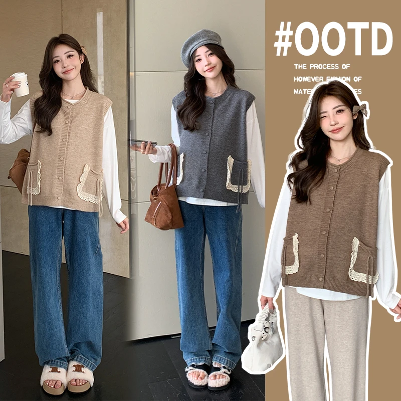 孕妇装秋季上衣2025新款时尚长袖打底衫针织马甲洋气减龄背心外套