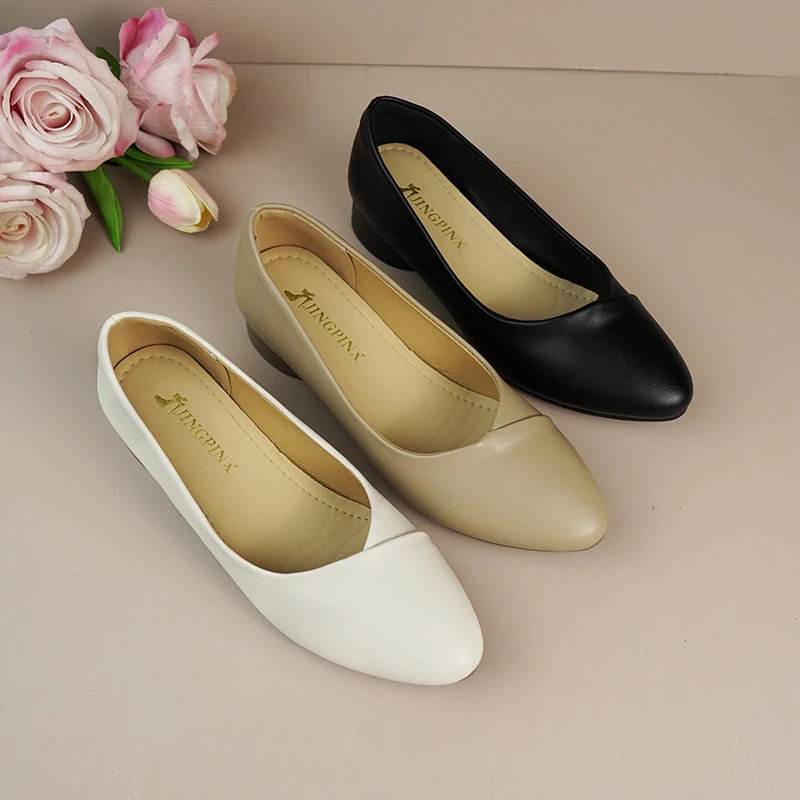 真皮牛皮春夏新款简约单鞋尖头粗跟百搭软皮低跟浅口女鞋9019