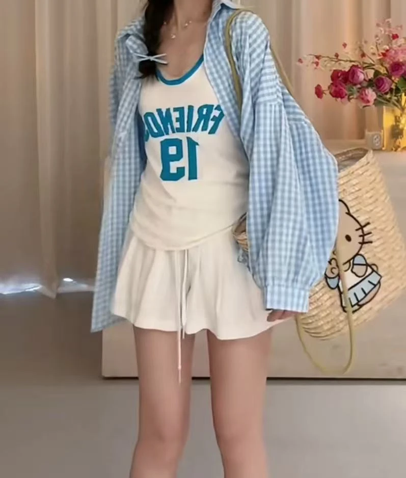 韩版2025春夏新款时髦休闲百搭撞色格子宽松单排扣长袖衬衫三件套