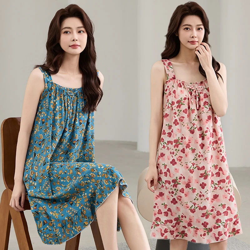 【蝴蝶点缀】新款洋气棉绸连衣裙夏大码宽松无袖吊带裙人造棉时尚