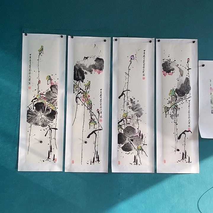 国画三尺对开花鸟四条屏