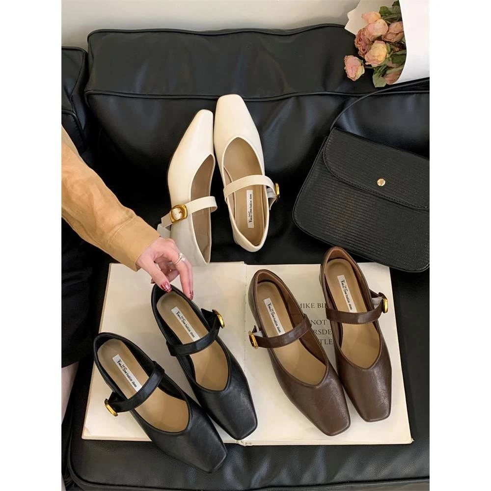 软皮浅口单鞋新款韩版法式气质仙女风晚晚粗跟玛丽珍高跟鞋G2700