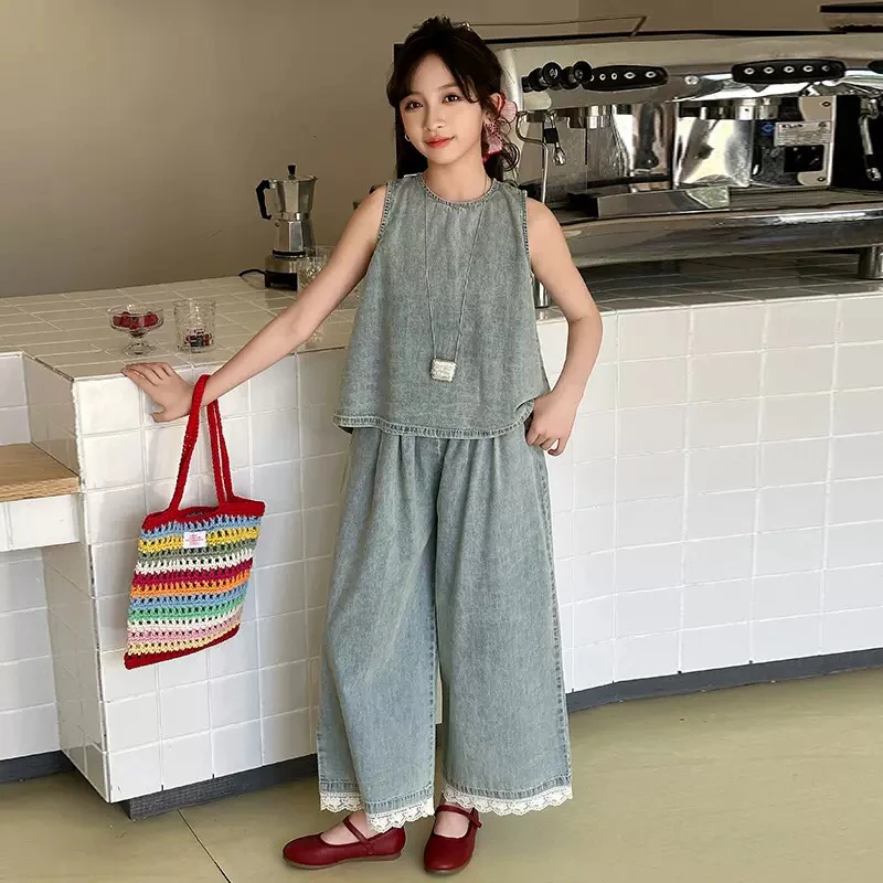 2025夏季新款女大童气质韩系娃娃装上衣阔腿九分裤显高高级感套装