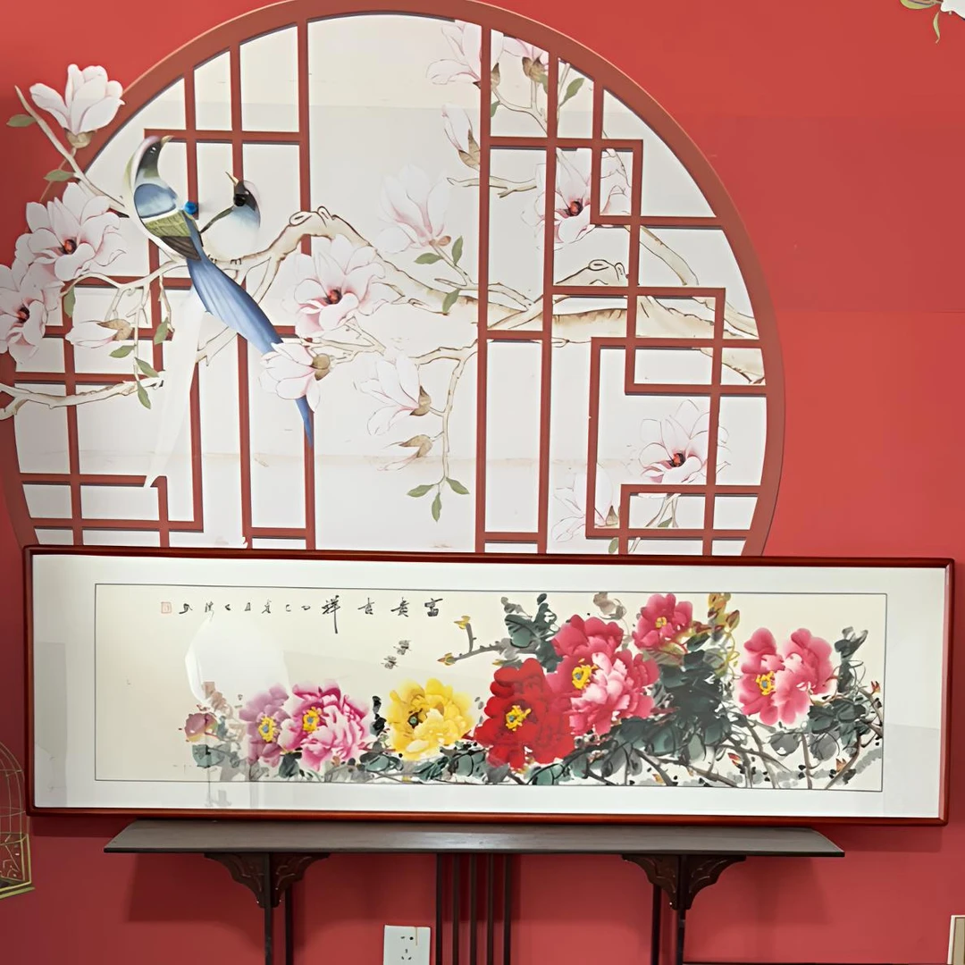 餐厅卧室书房茶室挂画牡丹外径尺寸47✖️162厘米带框手绘包邮