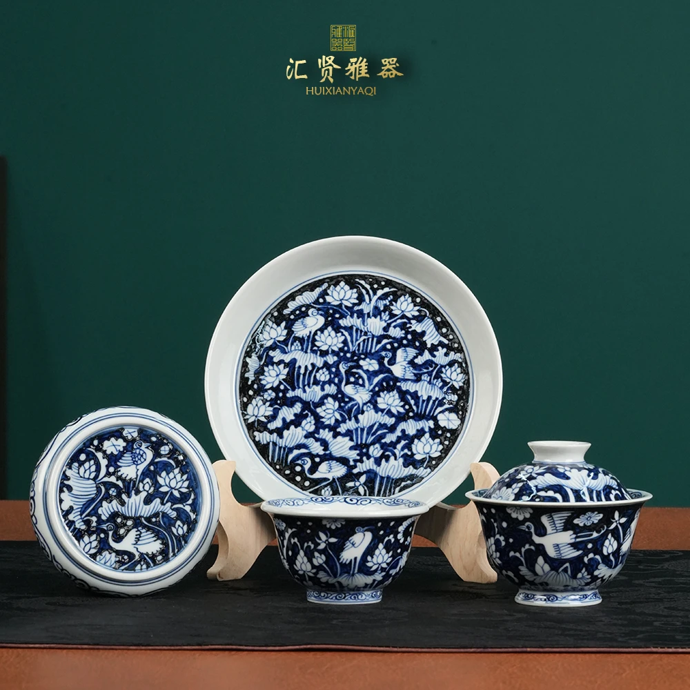 青花柴窑一鹭莲科重工套组盖碗140cc手工纯手绘茶器茶具