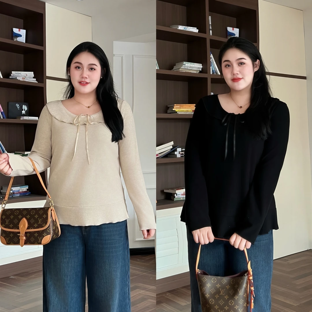 花契“济州雾桃”大码女装冬季显瘦200斤胖mm甜美荷叶边T恤16356-F