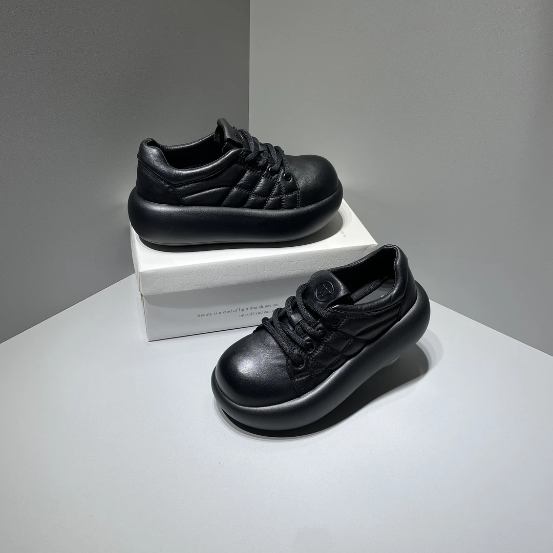 牛皮丑萌面包鞋大头软底真皮小个子厚底单鞋女增高松糕鞋系带百搭