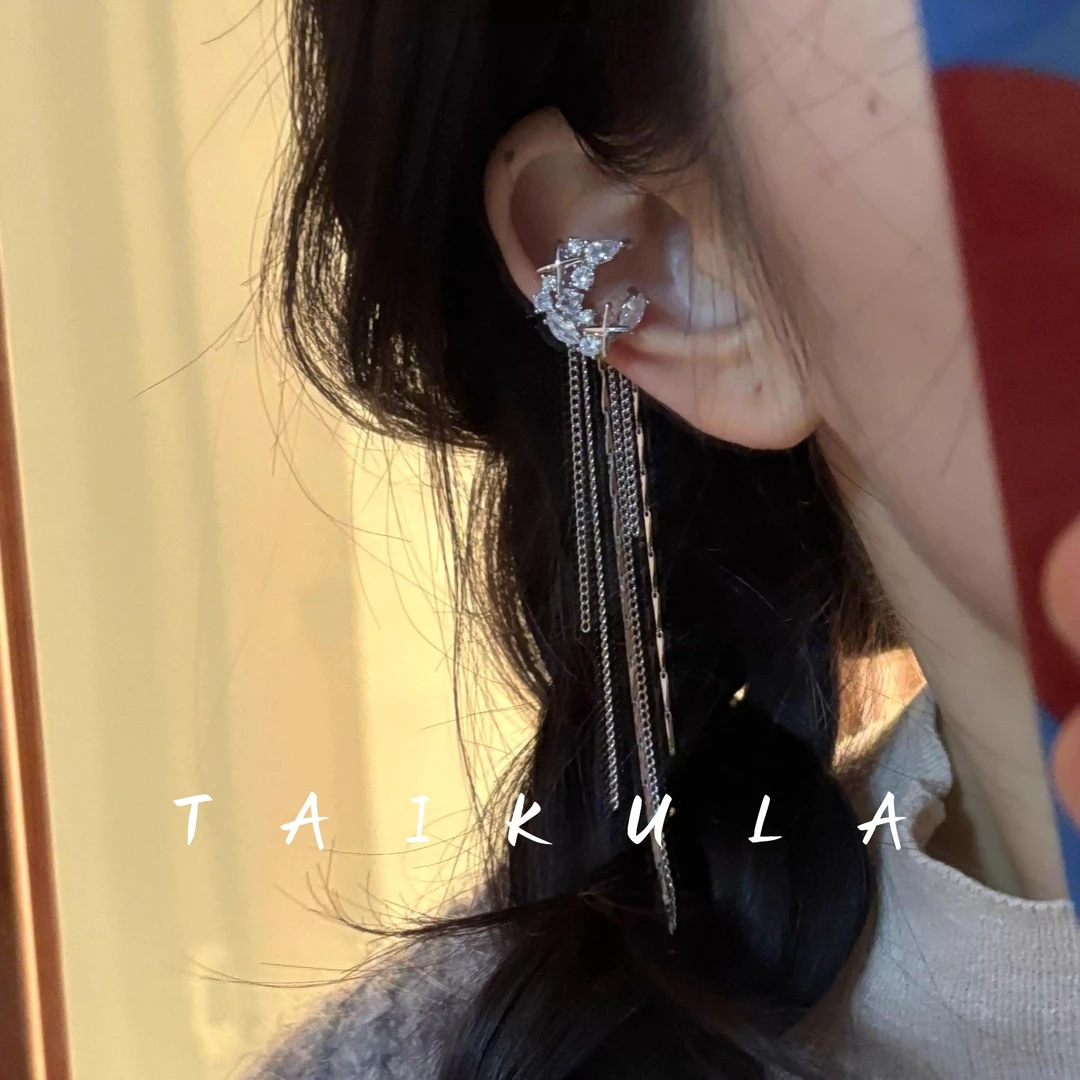 月神降临长款流苏月牙耳夹方圆脸无耳洞耳骨夹女小众时尚气质耳饰