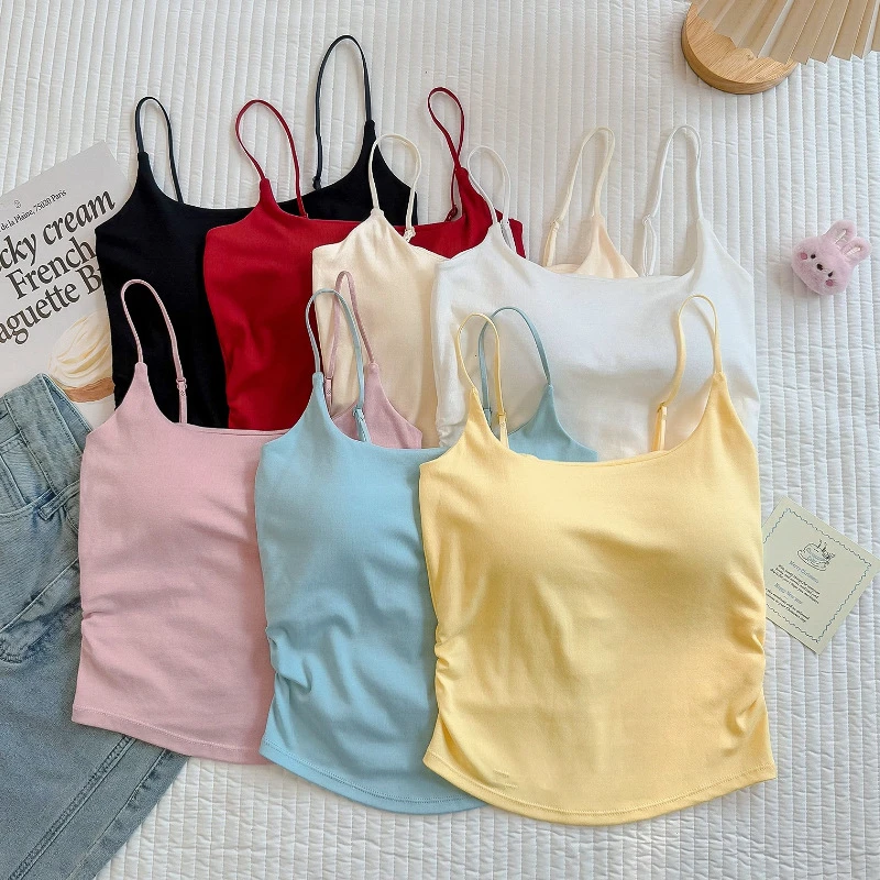 多巴胺辣妹褶皱吊带背心女夏季纯色美背修身显瘦带胸垫女士打底Y