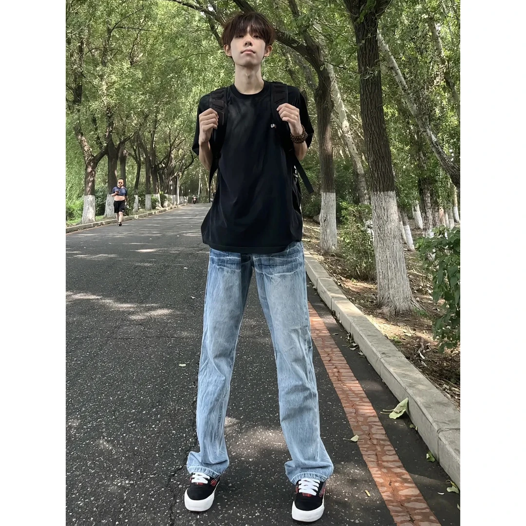 冰蓝色闪电纹高腰牛仔裤男款潮牌痞帅炸街裤子美式高街直筒微喇裤