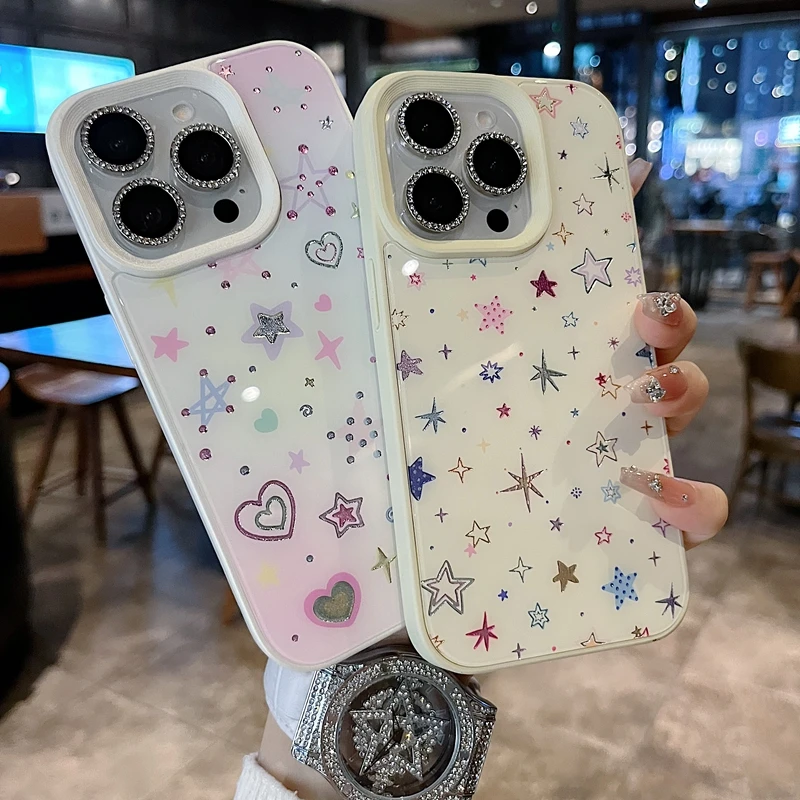 适用苹果系列iPhone16新款手机壳时尚个性彩画小星星半包大孔透气