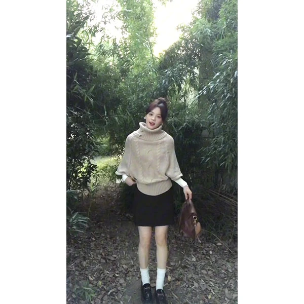 韩系复古高领针织衫女巨好看的两件套早秋套头上衣高腰显瘦半身裙