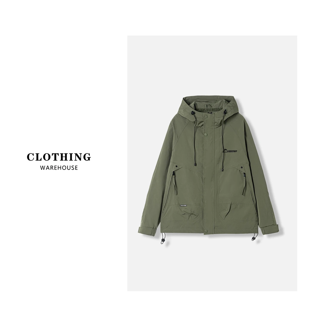 B594 秋季新款日系纯色户外连帽工装夹克韩版休闲百搭外套209军绿