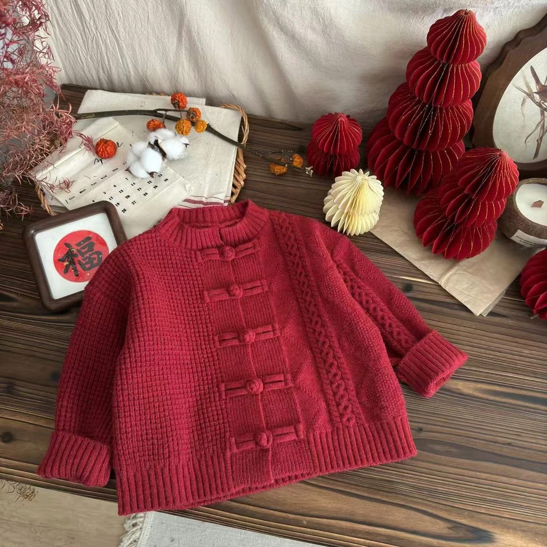 2025新中式【中国风盘扣】男女童拜年服开衫红毛衣