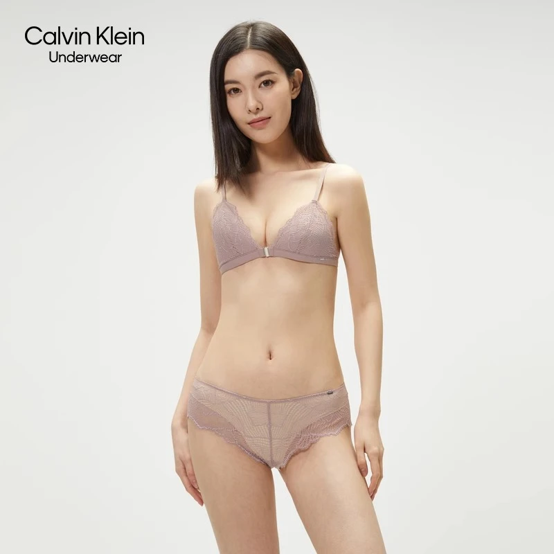 CK内衣女士舒适无钢圈软支撑薄垫前扣三角杯性感法式蕾丝布文胸