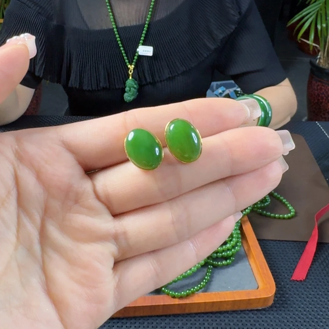 和田玉（碧玉）银S925镶嵌耳饰