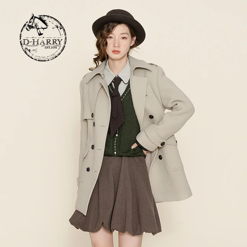 D-HARRY/迪哈利复古米灰色大衣女短款小众设计感DH224F95697D