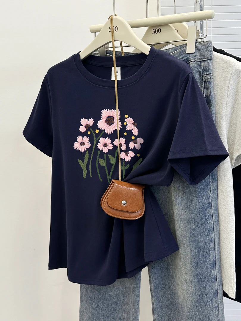 韩系洋气减龄花卉印花圆领t恤女正肩夏季新款正肩t恤短袖女
