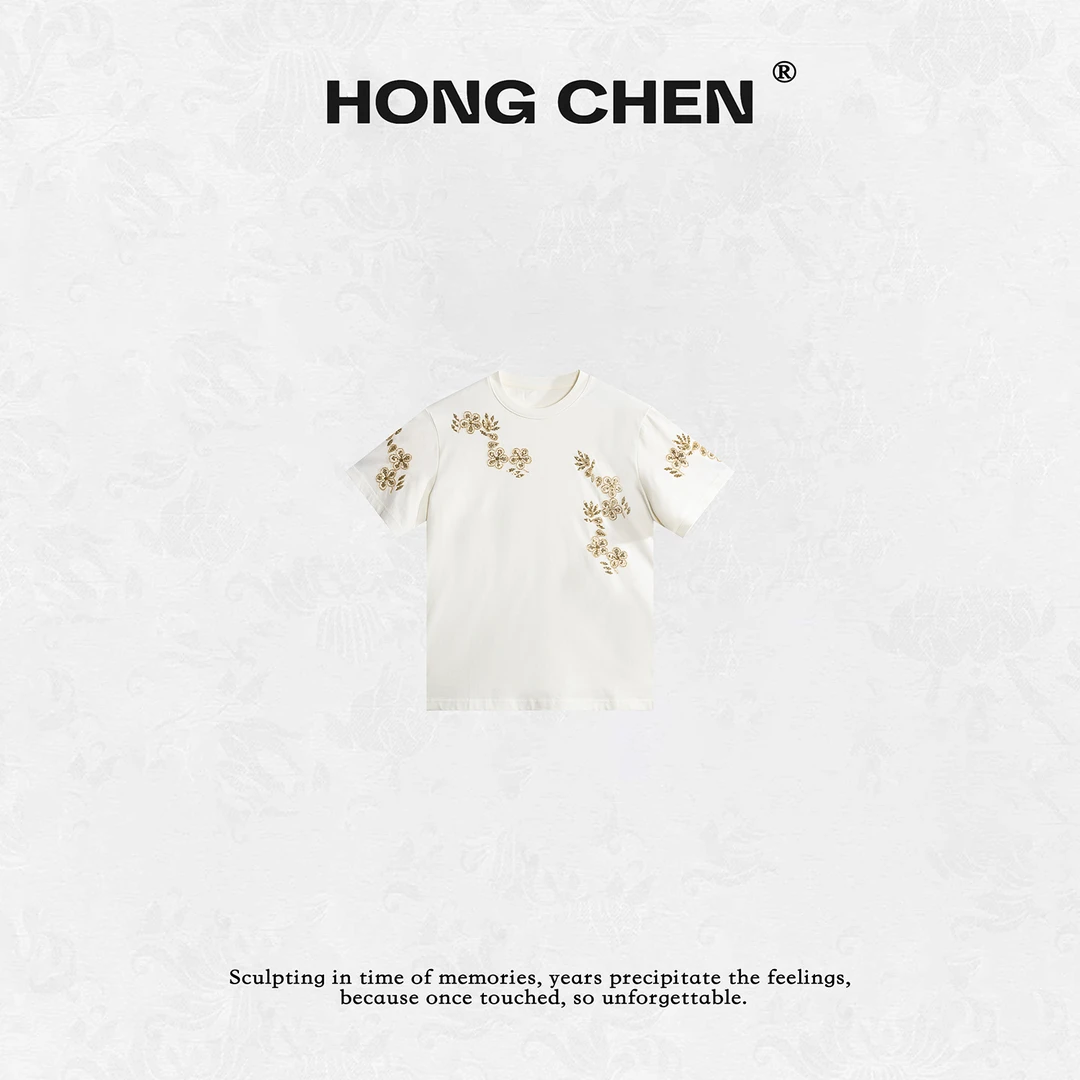 【虹辰】高端时尚重工金花钉珠优雅百搭高级感圆领纯棉T恤--HC2237