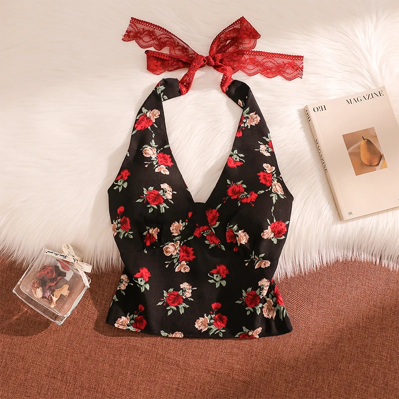 碎花系带挂脖吊带背心女内搭带胸垫性感美背辣妹修身无袖抹胸上衣