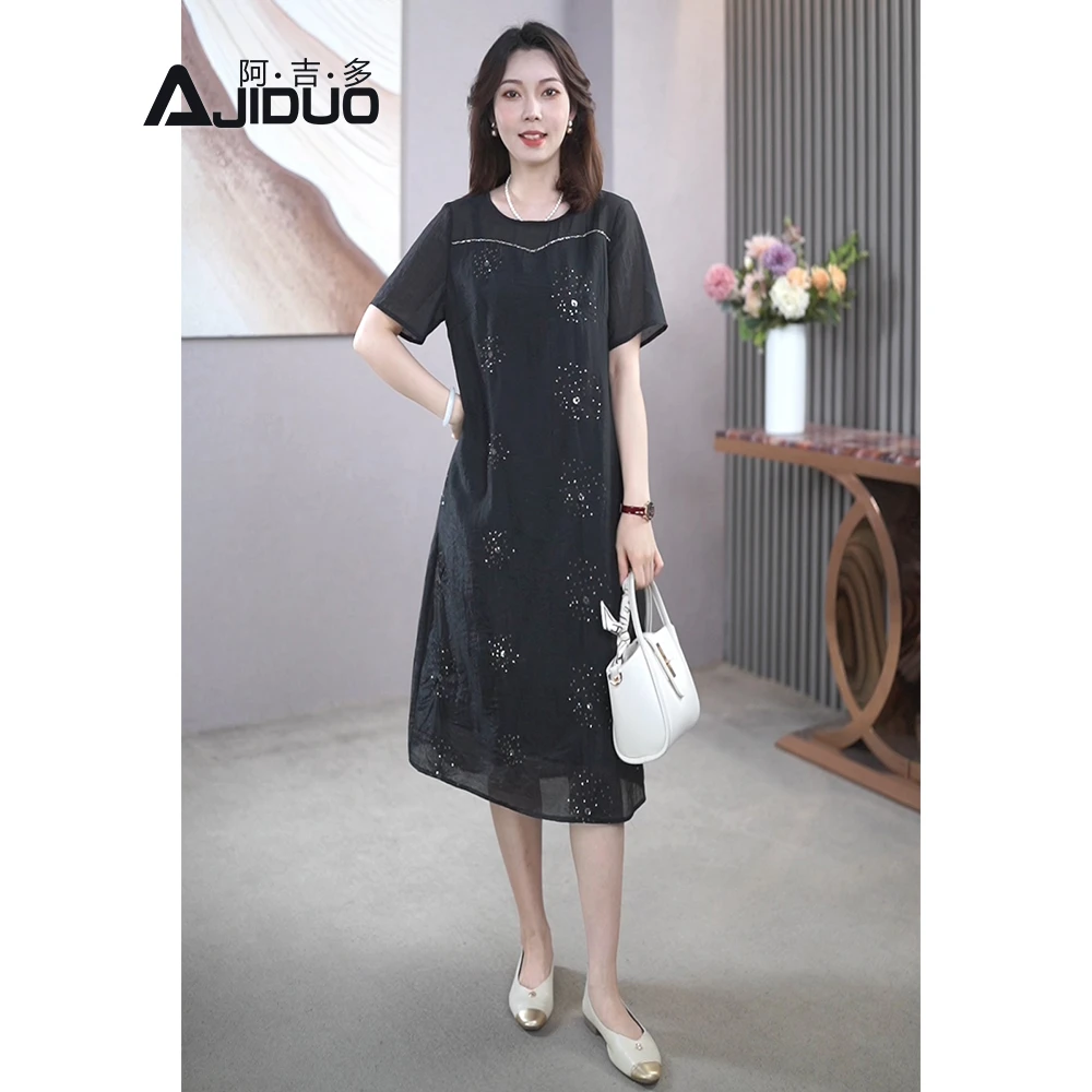 黑色气质显瘦短袖连衣裙女夏季新款大码妈妈装直筒小黑裙子A21966