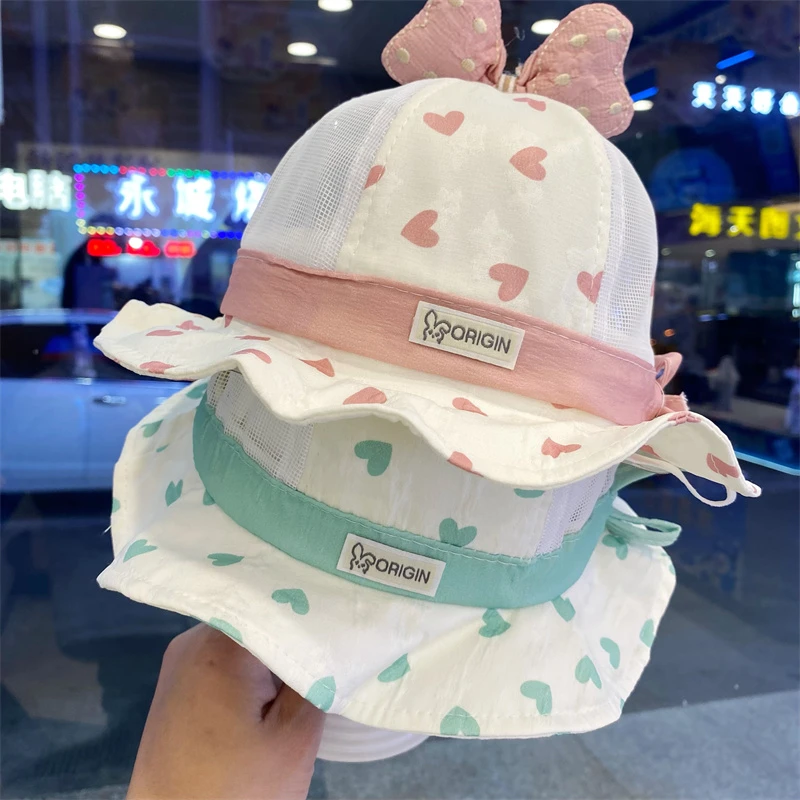 婴幼儿帽子夏季网眼女宝宝公主渔夫帽可调节防晒帽可爱甜美盆帽新