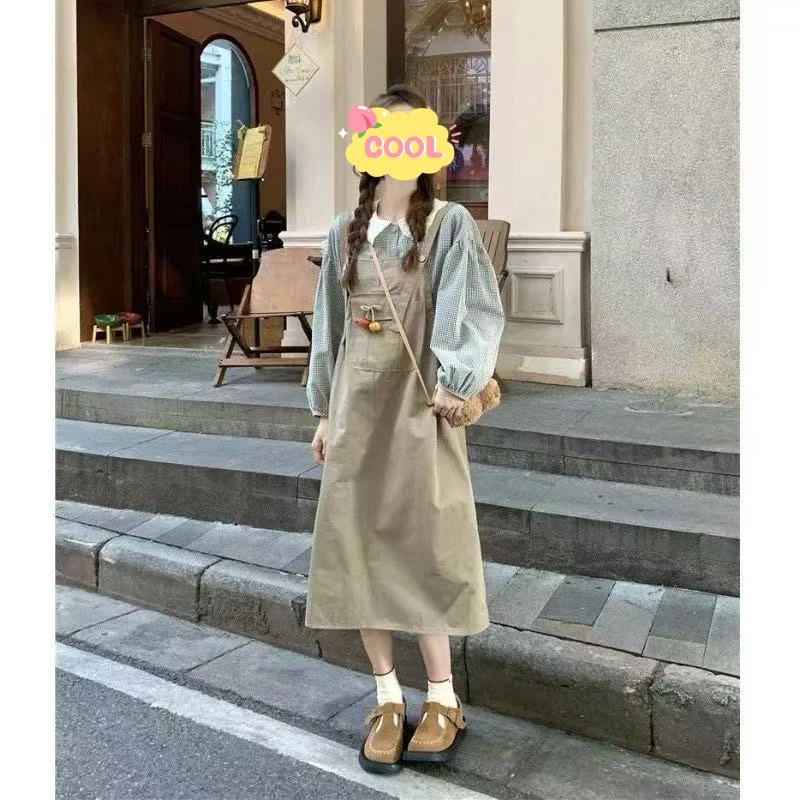 大码甜美可爱长袖衬衫宽松背带裙秋季显瘦两件套9911#