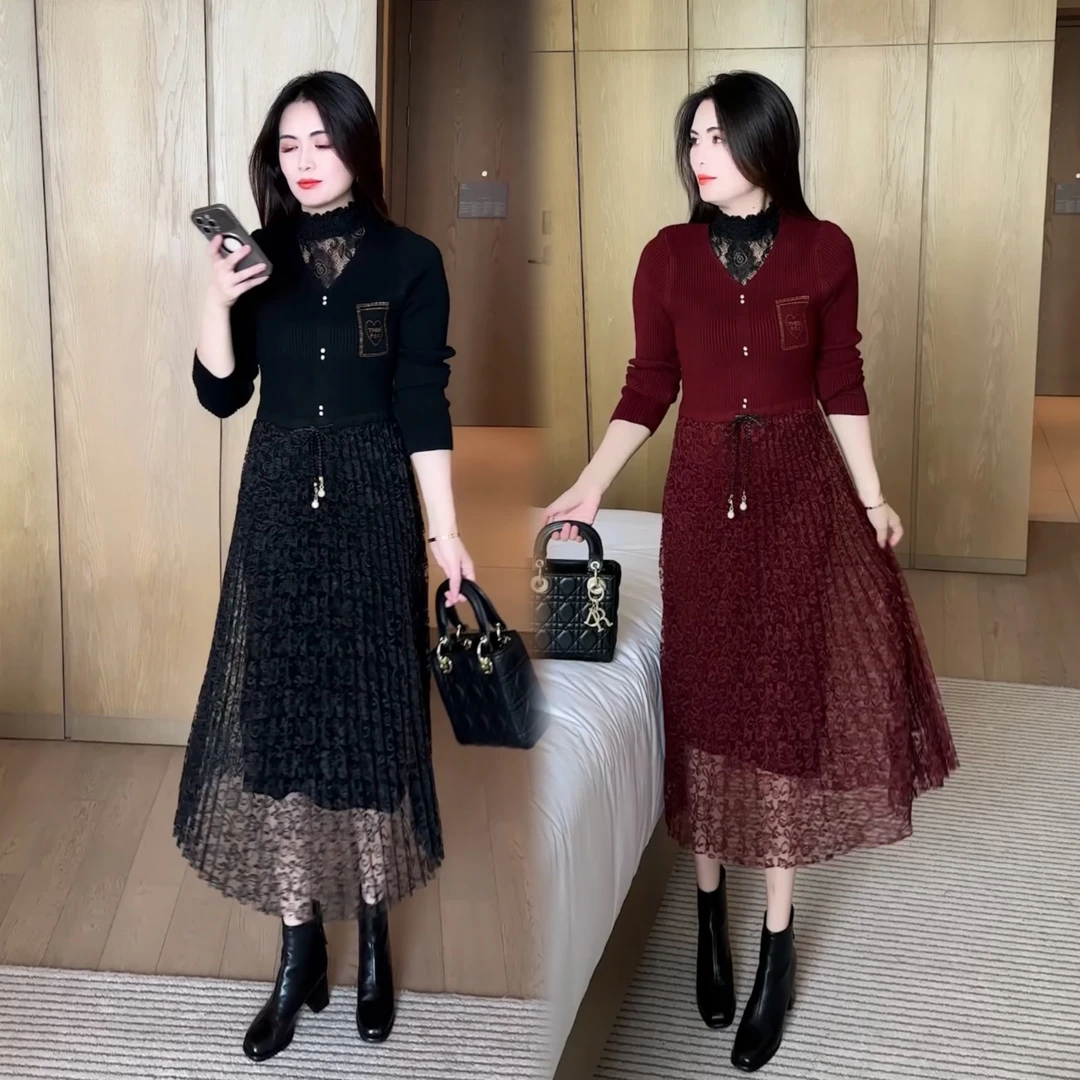 针织蕾丝连衣裙2025秋冬新款时尚洋气百搭女款收腰打底毛衣裙子