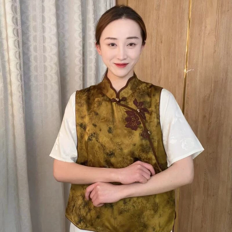 【海棠】夏季新款复古花瓣领偏襟刺绣新中式马甲