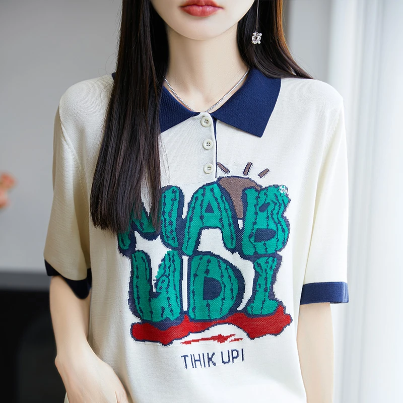 高端轻奢莱赛尔夏季印花短袖百搭时尚春季针织T恤 设计感薄款半袖