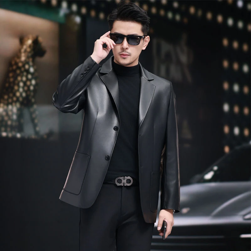 秋上新特价男士皮西服真皮绵羊皮短款修身时尚皮夹克春秋款皮外套