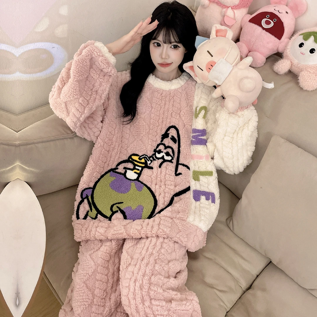 秋冬季加绒加厚女士珊瑚绒睡衣派大星加肥大码宽松保暖家居服套装