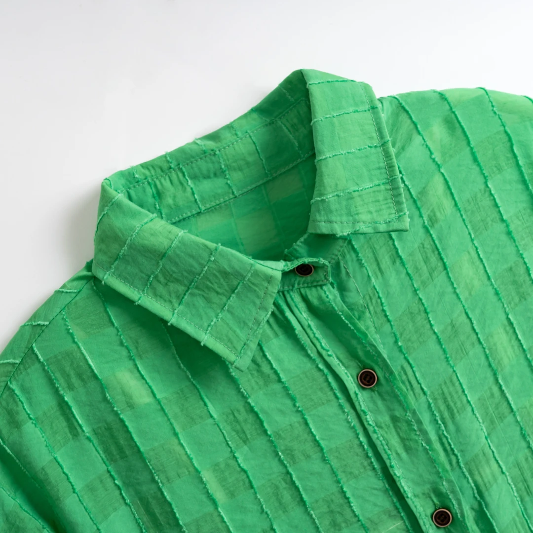 春季吸汗翻领衬衫长袖休闲上衣衬衣春秋肌理感棋盘格女装上衣