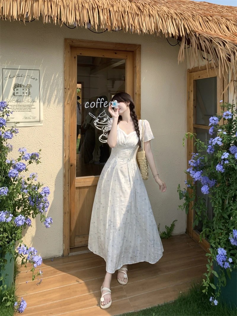 中长裙短袖夏季方领大码连衣裙常规不褪色拼接高腰