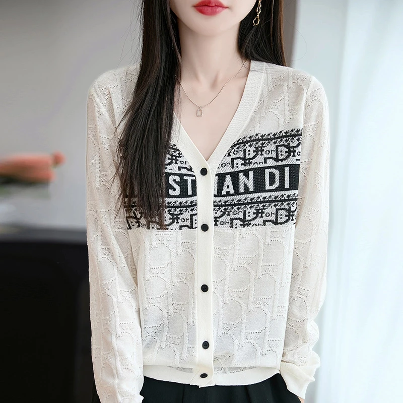 时尚女装品牌桑蚕丝春夏新款V领长袖开衫女时尚百搭宽松薄款女