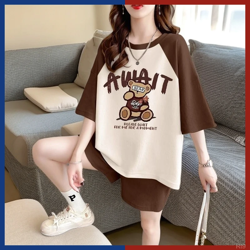 大码女装宽松短袖休闲运动套装女夏季时尚洋气显瘦跑步短裤两件套